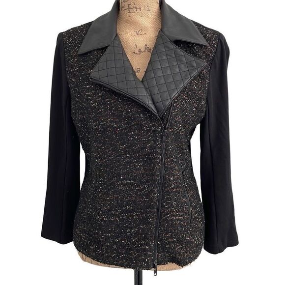 EUC Bailey 44 Nordstrom Tweed Faux Leather Quilted Collar Trim Moto Jacket Size - Picture 3 of 11